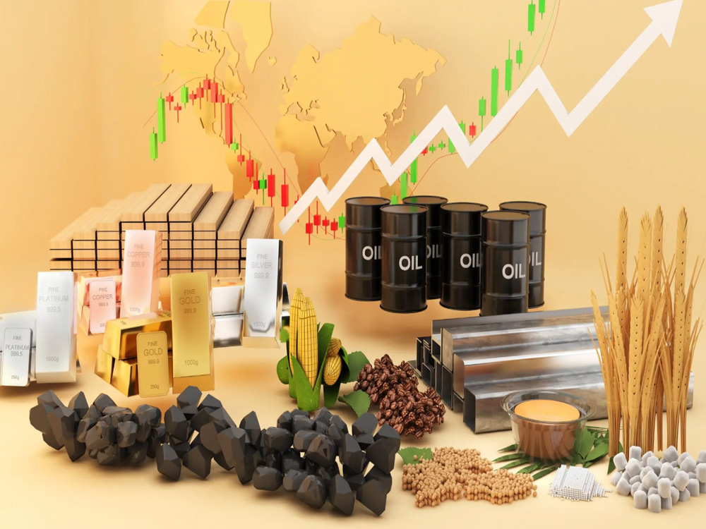 Traded commodities: gold, silver, platinum and copper bars, crude oil barrels, coal, corn, coffee beans and wheat, with a rising price chart over a world map
